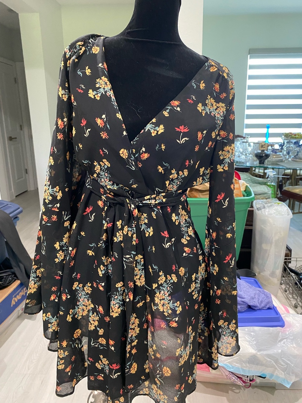 Free People Black w yellow/blue Florals Tie-Waist Wrap Dress-brand new